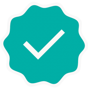 A white tick on a green background