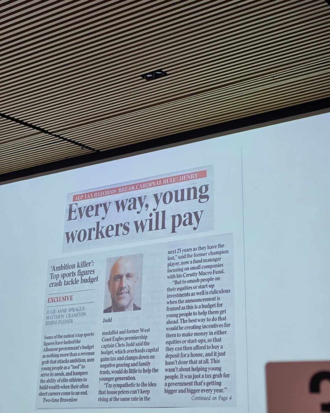 Newspaper front page with the bold headline'Every way, young workers will pay' and a portrait photo of Chris Judd.