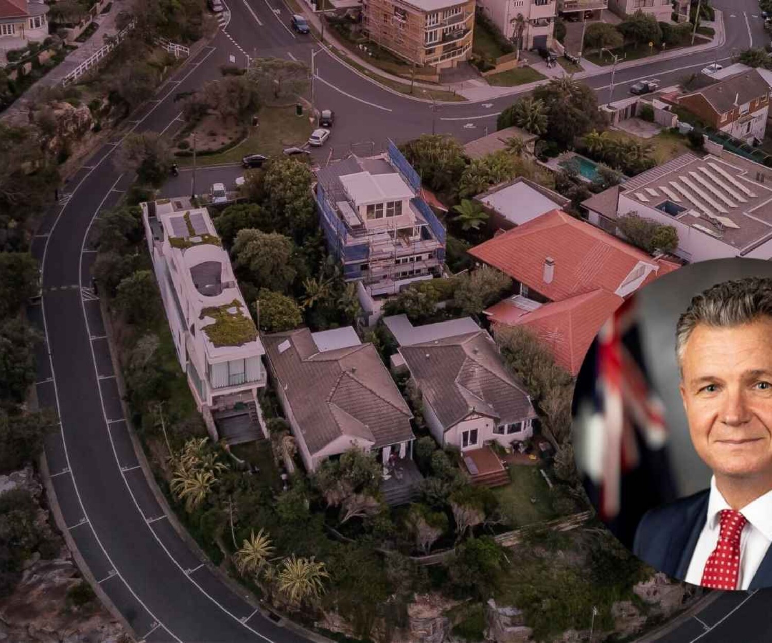 A birds-eye view of a suburb and a circular image of Matt Thistlethwaite