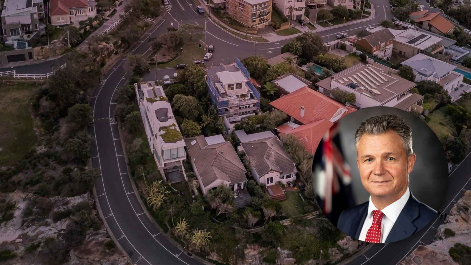 A birds-eye view of a suburb and a circular image of Matt Thistlethwaite