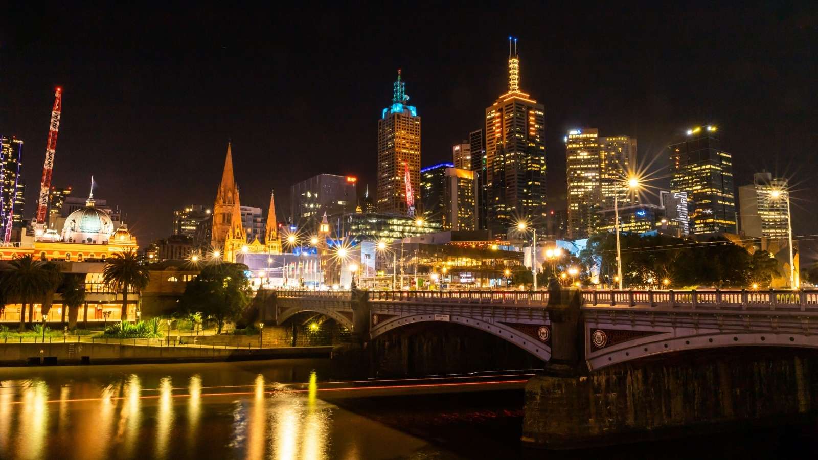 Melbourne city skyline lit up at night