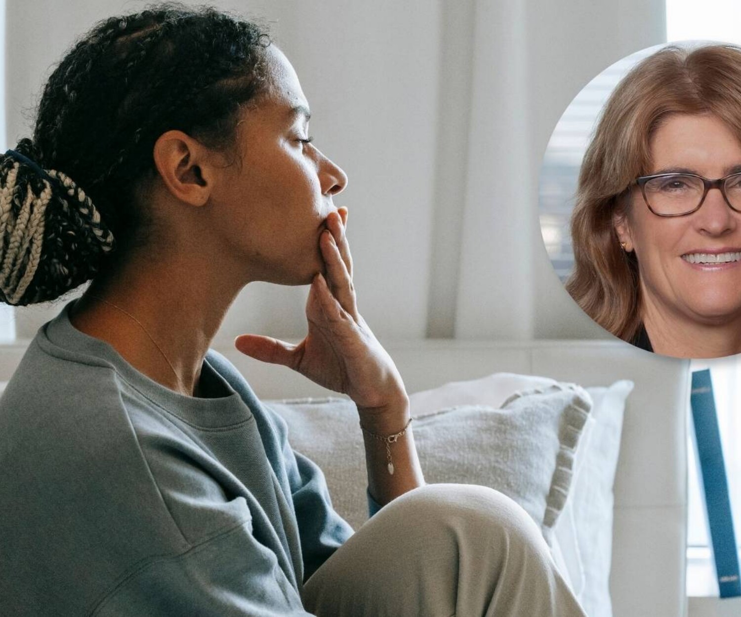 Woman sitting on a couch nervously with icon of Michele Bullock
