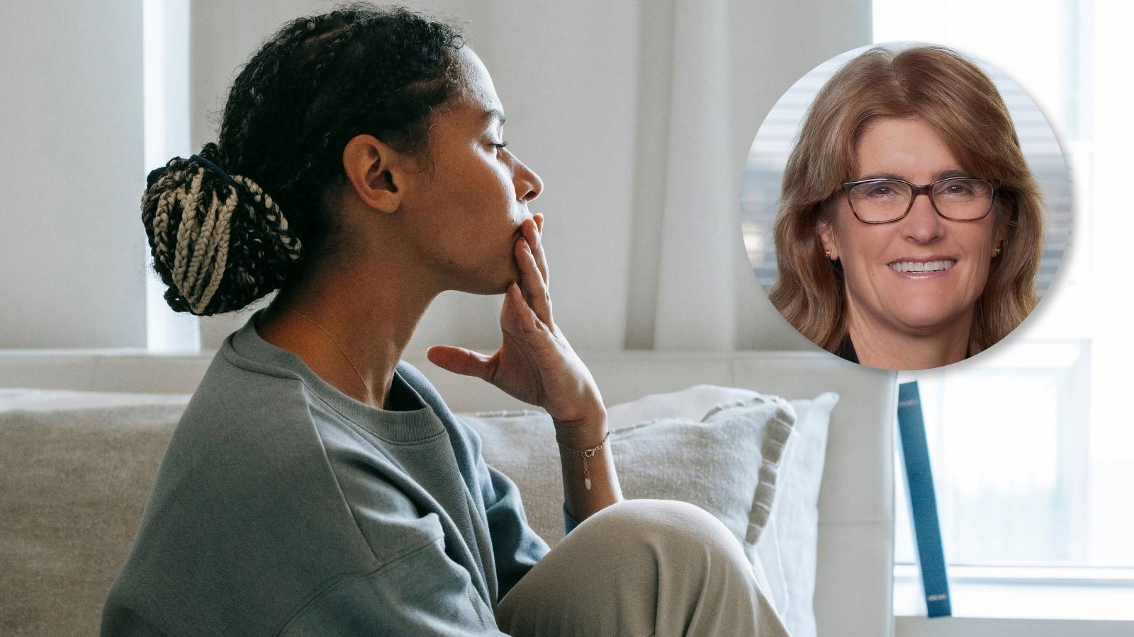 Woman sitting on a couch nervously with icon of Michele Bullock